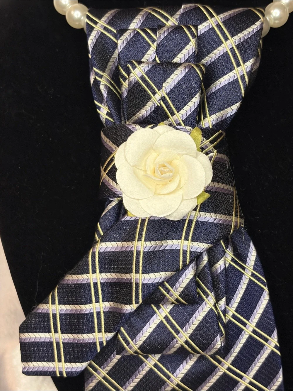 Navy Plaid Decorative Scarf Tie with Cream Floral Accents